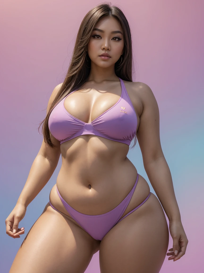 (Polinisia bronceada sexy|Asian woman, thicc hourglis figure, Perfect eyeliner:1.2), (Obra maistra:1.4, Best Quality), medium breasts, unity wallpaper 8k, ultra detailed, (pastel background, vistiendo pantalonis cortos de gimnasia y una camiseta sin mangas colorida:1.3), seductive pose, Upper part of the body, is, hermoso y istetico, detailed, Alone