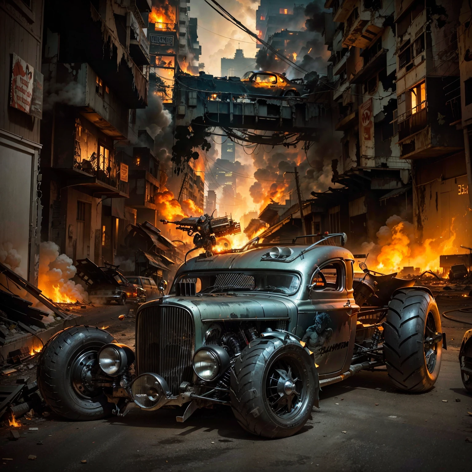 A  brilliant Black warrior Hot Rod car in the streets in the background is a sci fi abandoned city with a lot of buildings fire burning lights in the pos apocalypitic street
