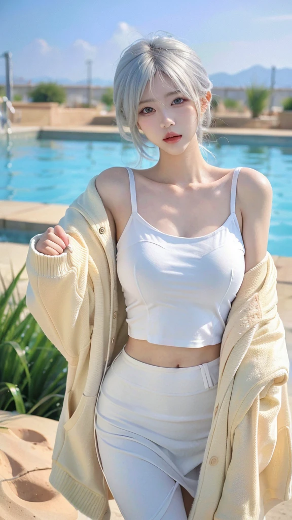 Beautiful woman with perfect figure:1.4,Swimming background,Desert Background,Ultra-high resolution,Seductive laughter,wear glasses,White legs,(lifelike:1.4),Layered Hairstyle,White skin,Black mini pleated skirt,whole body,Very delicate face and skin texture,Double eyelids,Skin Whitening,Long hair,White hair,White,