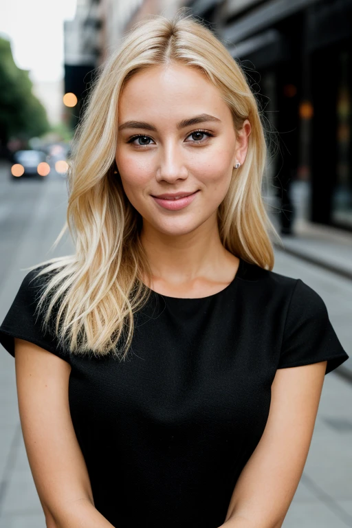 RAW photo, face portrait photo of beautiful 26 y.o woman, blonde hair, cute face, detailed skin, detailed face, thin athletic build, wearing black dress, happy face, hard shadows, cinematic shot, dramatic lighting