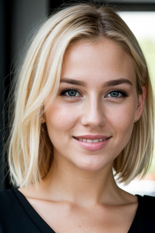 RAW photo, face portrait photo of beautiful 26 y.o woman, blonde hair, cute face, detailed skin, detailed face, thin athletic build, wearing black dress, happy face, hard shadows, cinematic shot, dramatic lighting