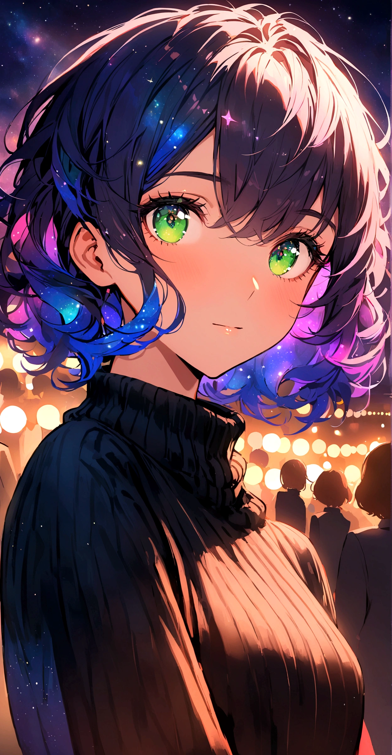 Sky, Pink and blue lighting, it's night, the night is full of stars, there are planets in the sky, bright colors, Incredible details, Shiny hair, spectacular hair, , short hair, galaxy hair, green eyes, Looking at the spectator,tanned, black sweater,