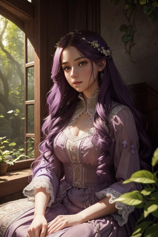 a beautiful young girl with long curly violet hair flowing below her waist, wearing a detailed lilac dress, intricate lace patterns, porcelain doll-like face, large expressive eyes, delicate features, sitting in a serene natural environment, sunlight filtering through leaves, (best quality,4k,8k,highres,masterpiece:1.2),ultra-detailed,(realistic,photorealistic,photo-realistic:1.37),detailed environment, cinematic lighting, warm color tones, magical atmosphere, fantasy, highly detailed