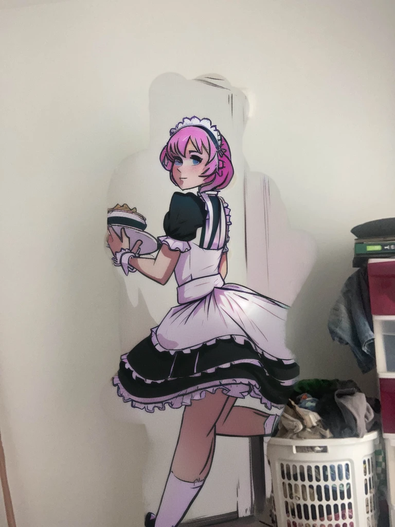 there is a woman in a maid outfit posing for a picture, cosplay of a catboy! maid! dress, maid outfit, anime girl in a maid costume, maid dress, wearing maid uniform, maid costume, french maid, anime cat girl in a maid costume, in a fancy dress, dressed in a frilly ((ragged)), full body with costume, pink hair, wearing a diaper