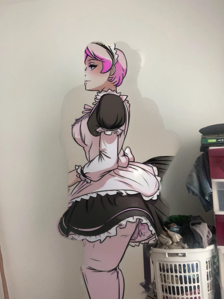 there is a woman in a maid outfit posing for a picture, cosplay of a catboy! maid! dress, maid outfit, anime girl in a maid costume, maid dress, wearing maid uniform, maid costume, french maid, anime cat girl in a maid costume, in a fancy dress, dressed in a frilly ((ragged)), full body with costume, pink hair, wearing a diaper