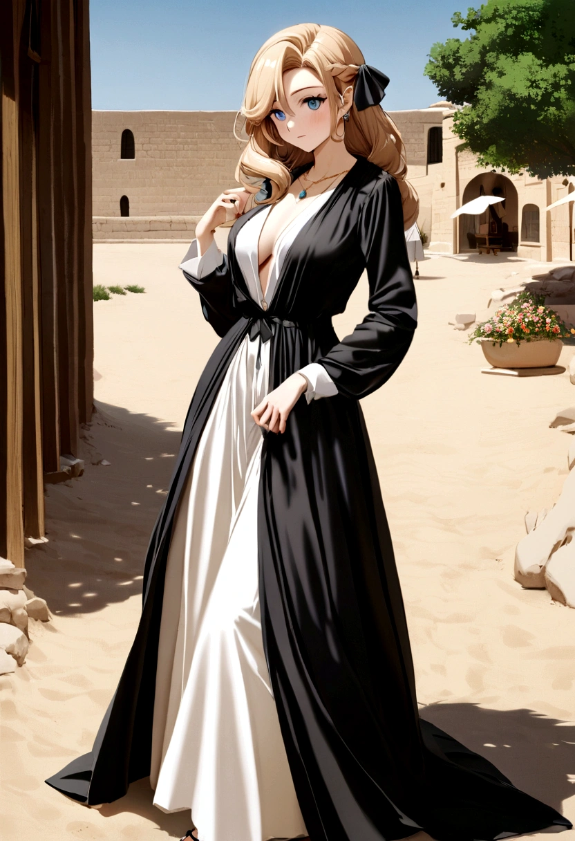 une belle fille, élégamment vêtu d'une abaya de style Golfe, avec un cheval arabe dans le désert,