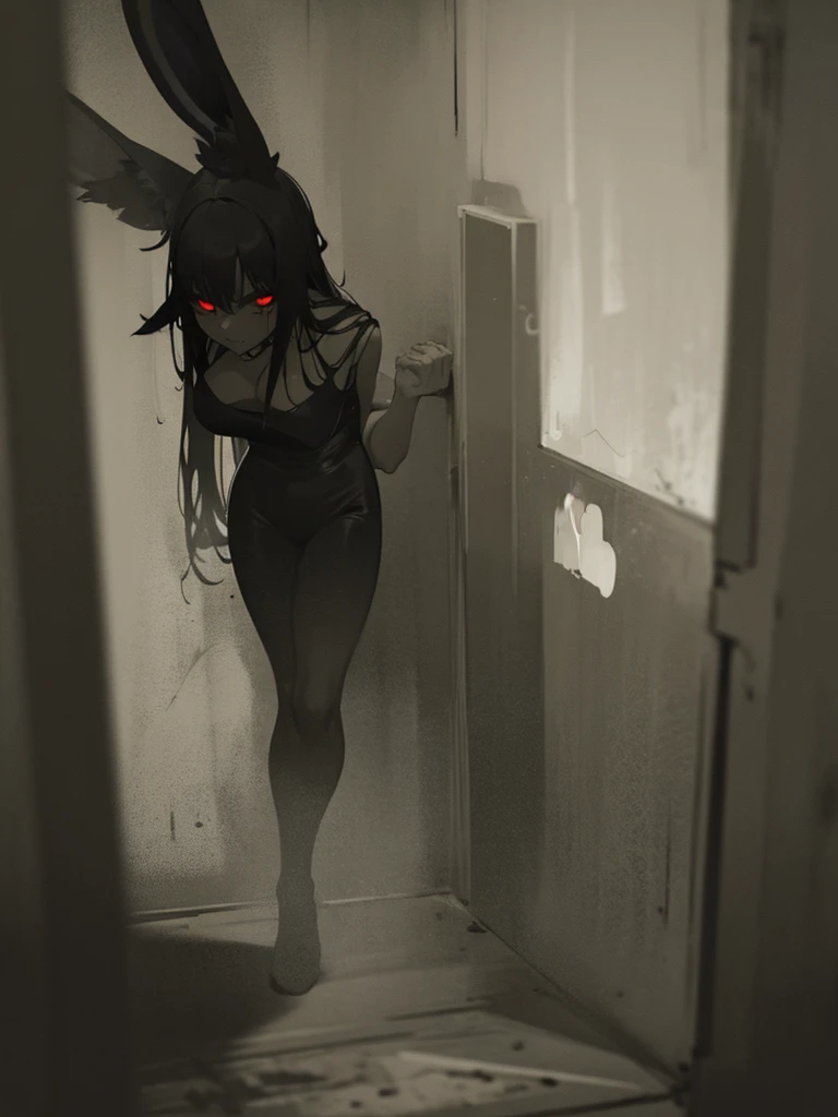 In a dark haunted house, horror, fear, goasts shadows ,(Pitch black) , It's muggy , steamy , rabbit ear girl , holding back pee