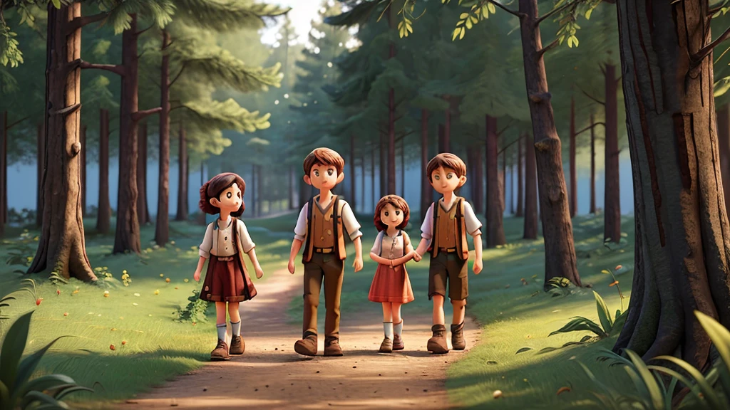 Lucas and Clara continuing their adventures in the woods, more united than ever. They are exploring new trails, with the woods in the background and a sense of magic and friendship between them. The image must capture the essence of courage, wisdom and friendship."