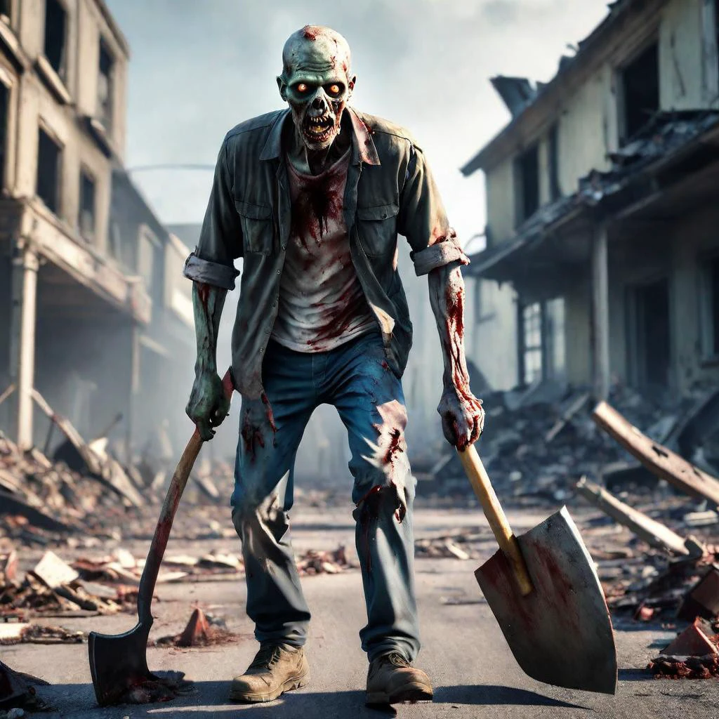 Create an ultra-realistic image of a zombie walking dramatically, with an ax attached to its head. in the background a scene of war and devastation, 8k, hdr