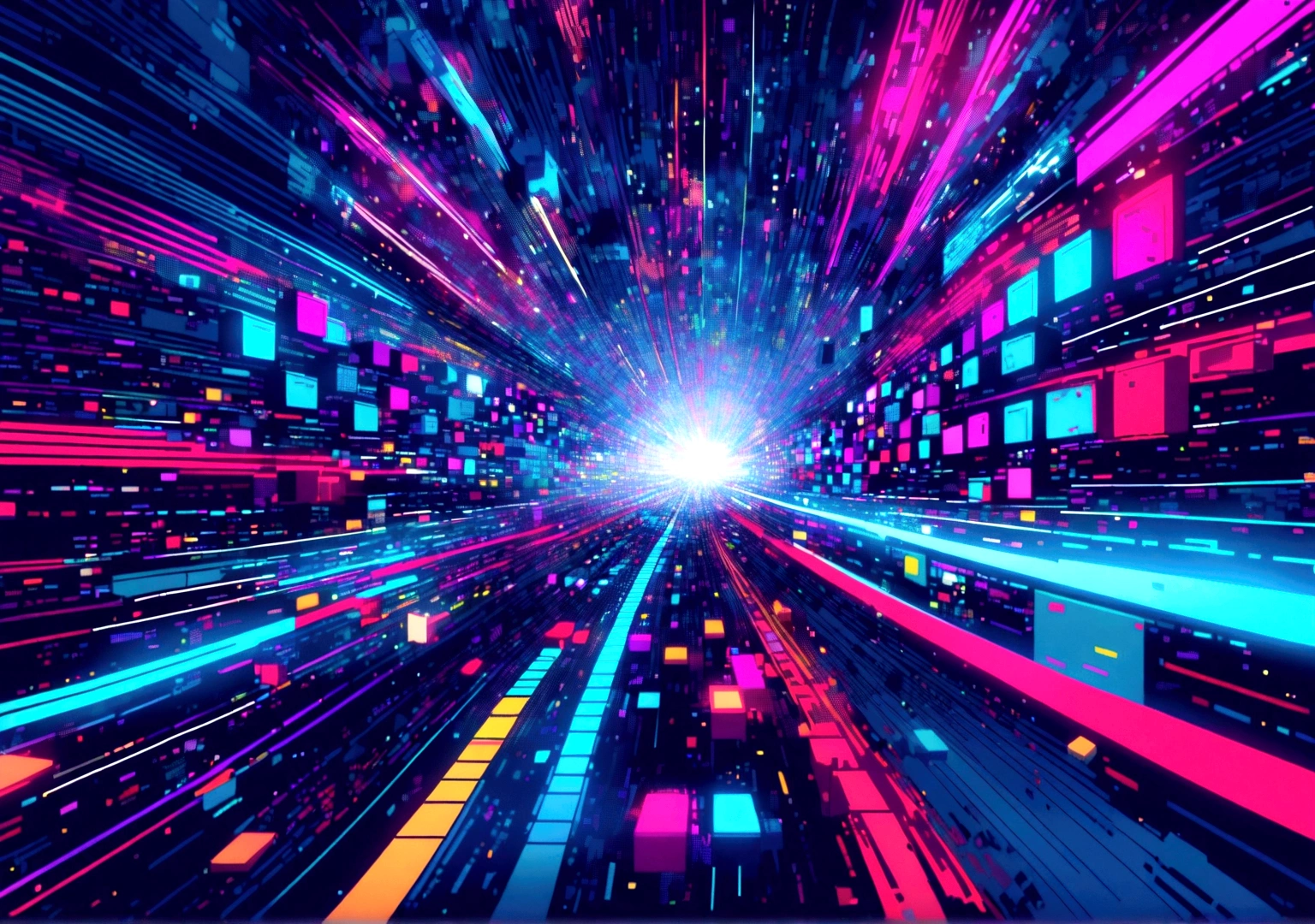 Pixel art Tetris blocks that fall and fit together with the music, creating abstract geometric shapes. Lines of code and sound waves appear in the background, creating a psychedelic effect.
• Colors: Dark shades of blue and purple with points of red, green and blue neon light.
• Animation: Tetris blocks fall and fit with the music, creating a glitch and distortion effect. Lines of code move and sound waves pulse to the music.