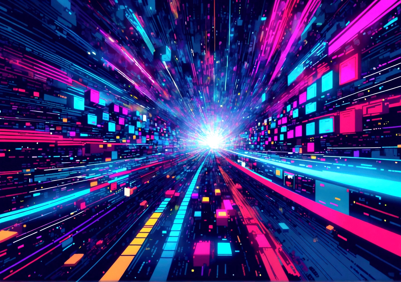 Pixel art Tetris blocks that fall and fit together with the music, creating abstract geometric shapes. Lines of code and sound waves appear in the background, creating a psychedelic effect.
• Colors: Dark shades of blue and purple with points of red, green and blue neon light.
• Animation: Tetris blocks fall and fit with the music, creating a glitch and distortion effect. Lines of code move and sound waves pulse to the music.