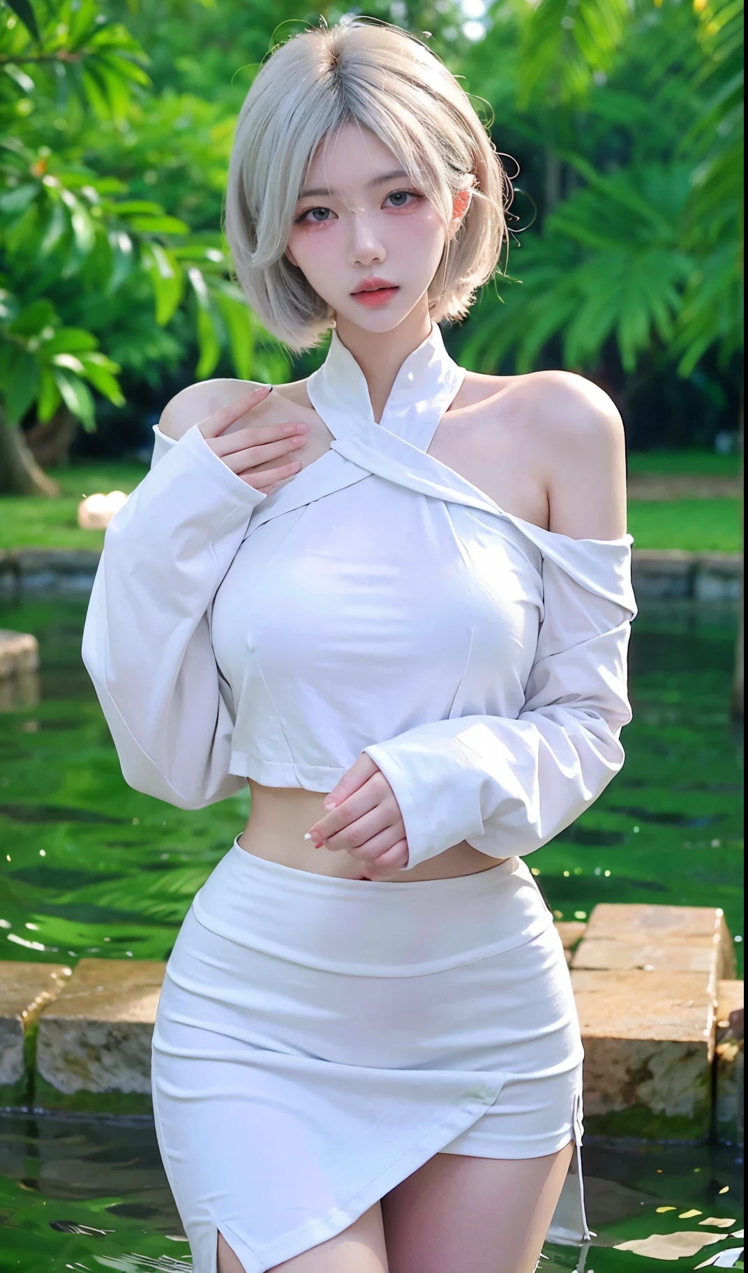 Beautiful woman with perfect figure:1.4，Ultra-high resolution，White legs，Put your hands behind your back，Swimming background，：1.6，（Realism:1.4)，perspective，Layered hairstyle，Snow white skin，JK:1.5，Super shopleated skirt，whole body：1.4，Very delicate and skin texture，Double eyelids，Skin Whitening，Long hair，White hair
