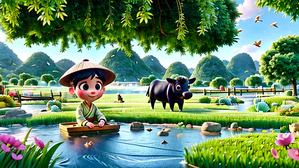 During Qingming Festival, A light rain, One is wearing light-colored Hanfu、Cute Chinese boy wearing a straw hat sits on a black cow, Play the flute, A character reminiscent of Bubble Mart. They were in a field with a river, grassland, Heyuanshan, Under a sky of circling birds, Describe the vibrant spring life. The boy is rendered in Disney Pixar style, with big, Watery eyes and bright colors. The scene uses ray tracing and Octane rendering technology to achieve wide-angle views, Has clay-like texture and dynamics, animated lighting. This 3D artwork was created using C4D, Overclocked rendering, and blender, Display rich details and high quality.