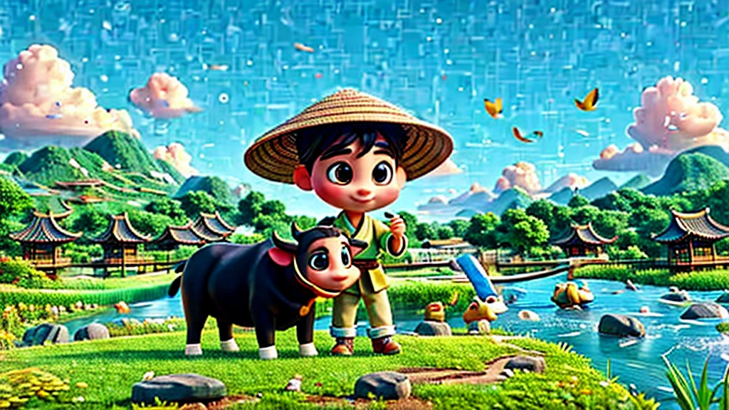 During Qingming Festival, A light rain, One is wearing light-colored Hanfu、Cute Chinese boy wearing a straw hat sits on a black cow, Play the flute, A character reminiscent of Bubble Mart. They were in a field with a river, grassland, Heyuanshan, Under a sky of circling birds, Describe the vibrant spring life. The boy is rendered in Disney Pixar style, with big, Watery eyes and bright colors. The scene uses ray tracing and Octane rendering technology to achieve wide-angle views, Has clay-like texture and dynamics, animated lighting. This 3D artwork was created using C4D, Overclocked rendering, and blender, Display rich details and high quality.