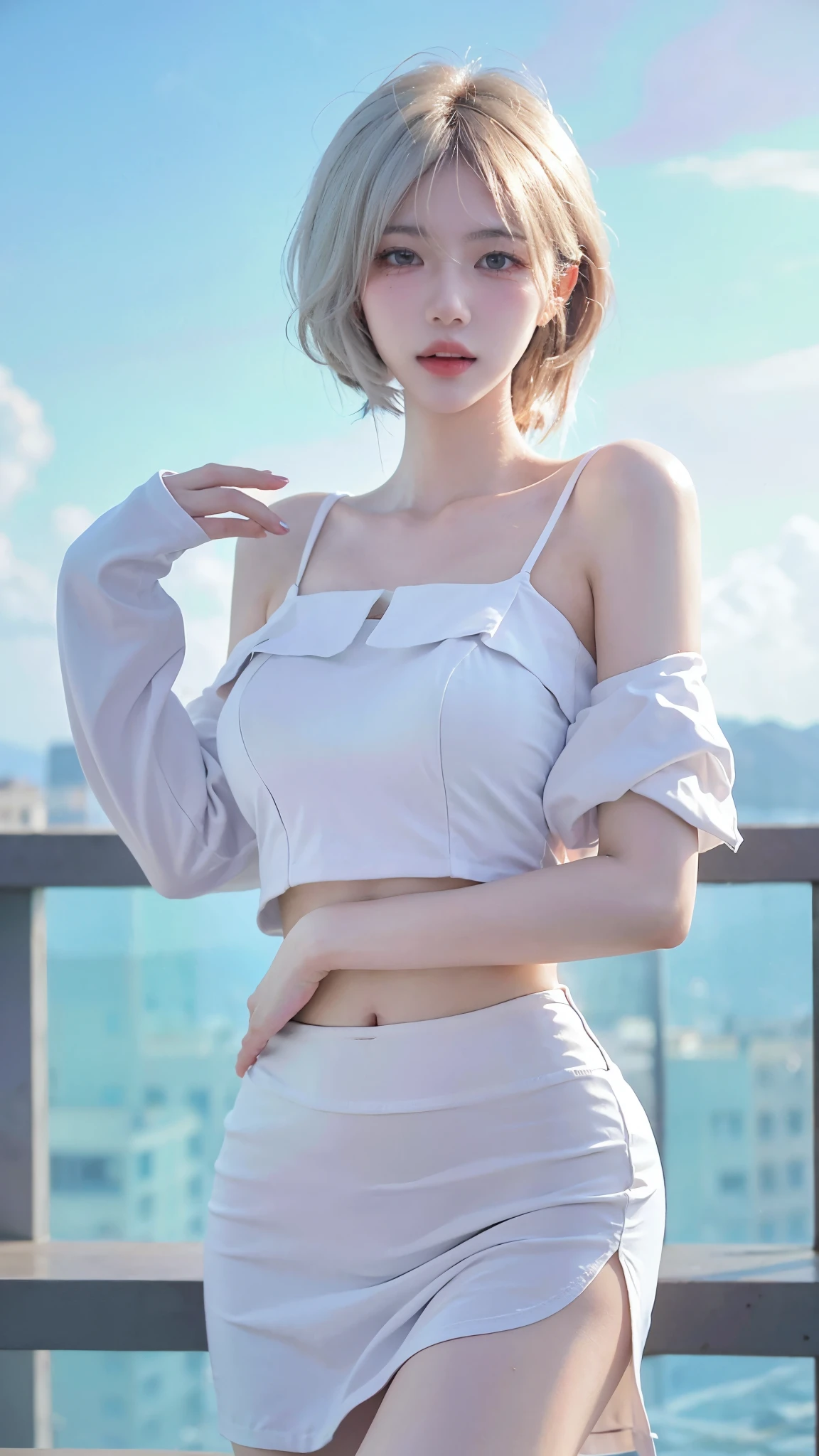 Beautiful woman with perfect figure:1.4,Swimming background,Desert Background,Ultra-high resolution,Seductive laughter,wear glasses,White legs,(lifelike:1.4),Layered Hairstyle,White skin,Black mini pleated skirt,whole body,Very delicate face and skin texture,Double eyelids,Skin Whitening,Long hair,White hair,White,
