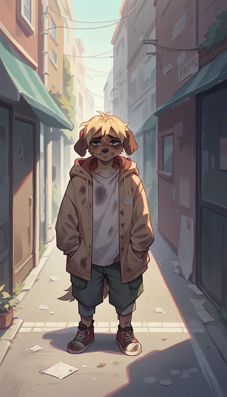 1 Dog with blonde hair, at a street , dirty and sad