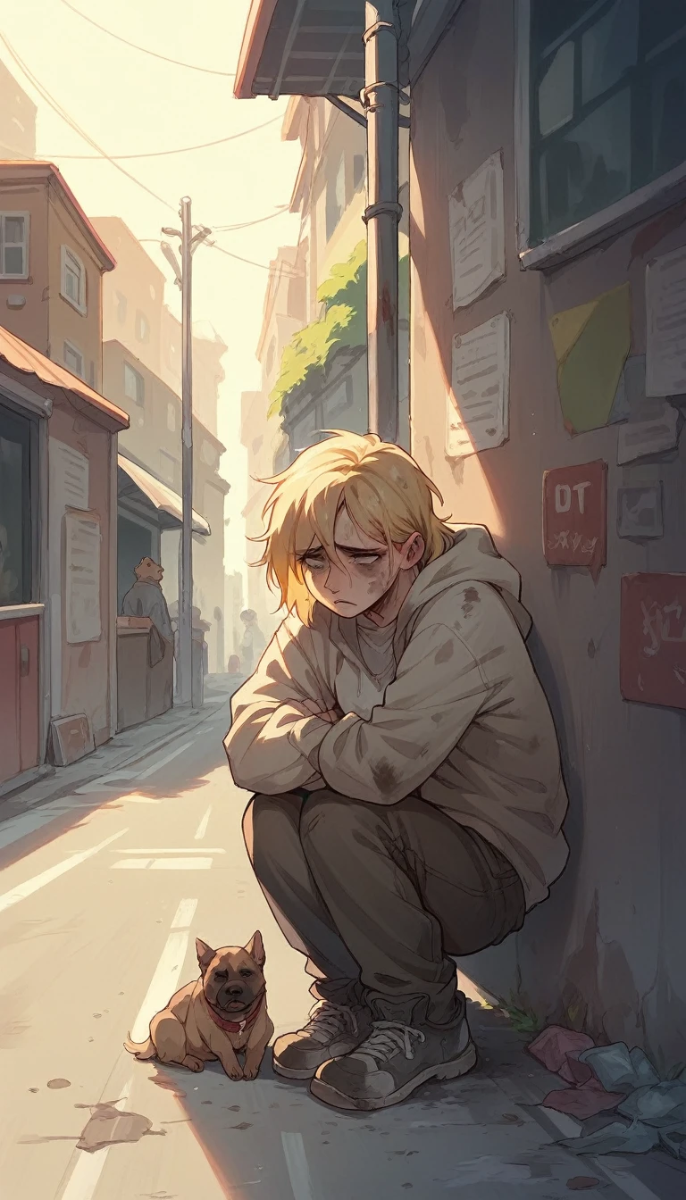  1 Dog with blonde hair, at a street , dirty and sad 