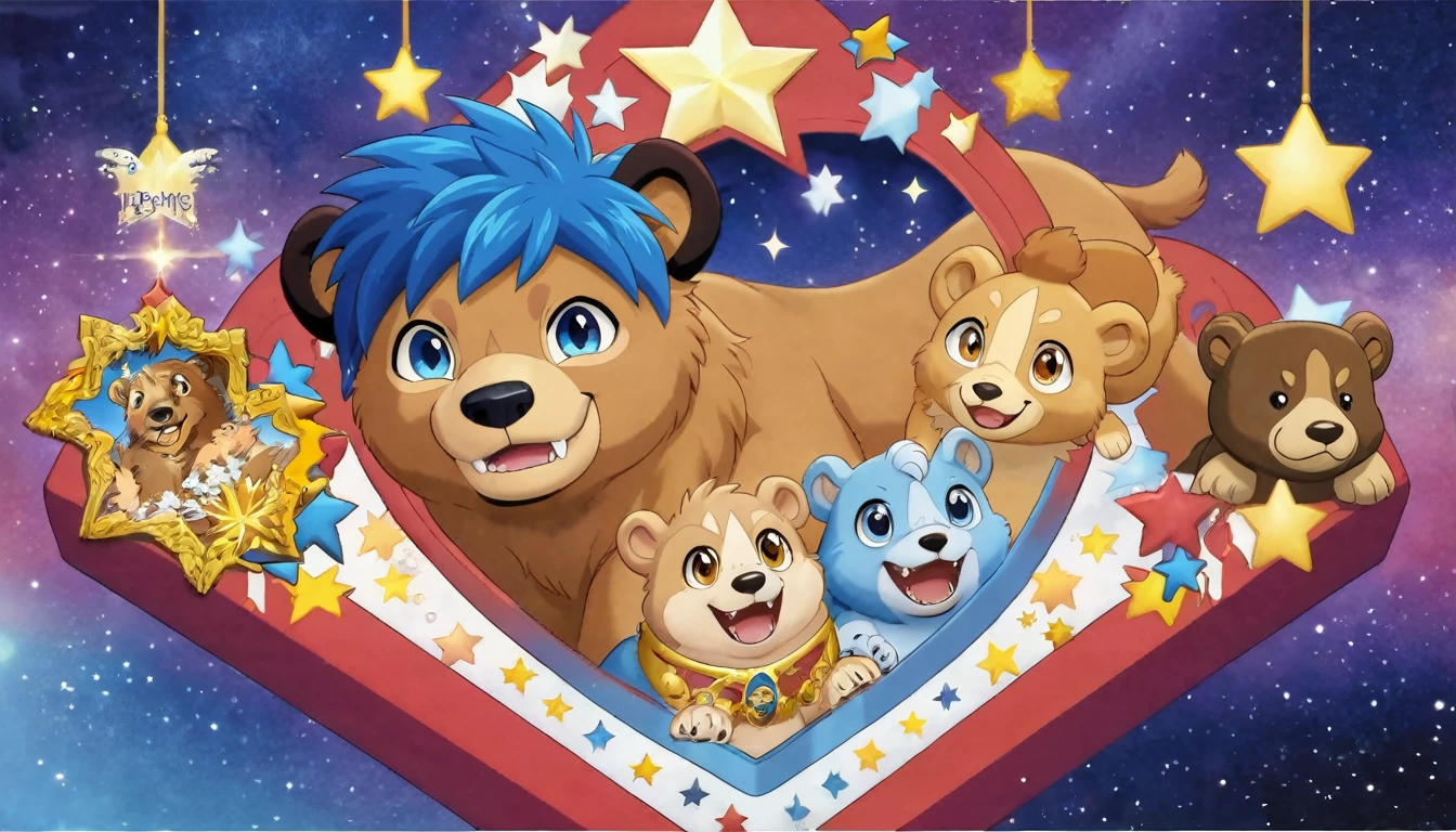 Masterpieces,official art,furry,feral,shota,pale brown dog,Sweet face,blue left eye, orange right eye, blue hair,(best quality),(masterpiece),(ultra detailed),sharp focus,light particle, dragon tail, bear ears, fangs, stars background, title is adorable lion,  series cover