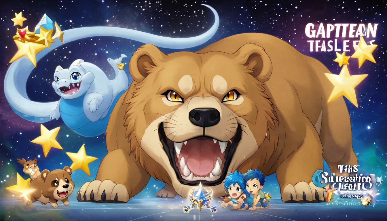 Masterpieces,official art,furry,feral,shota,pale brown dog,Sweet face,blue left eye, orange right eye, blue hair,(best quality),(masterpiece),(ultra detailed),sharp focus,light particle, dragon tail, bear ears, fangs, stars background, title is adorable lion,  series cover