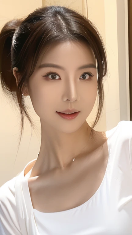 (Photo-realistic style, 超High resolution, 16K, High resolution, masterpiece), Very detailed, Perfect Anatomy, Beautiful eyes、Accurate line of sight、Correct eye position、Detailed face, Detailed eyes, Solo Japanese Mature, Neighbor's wife、ponytail、White T-shirt、Skinny jeans、High heels、