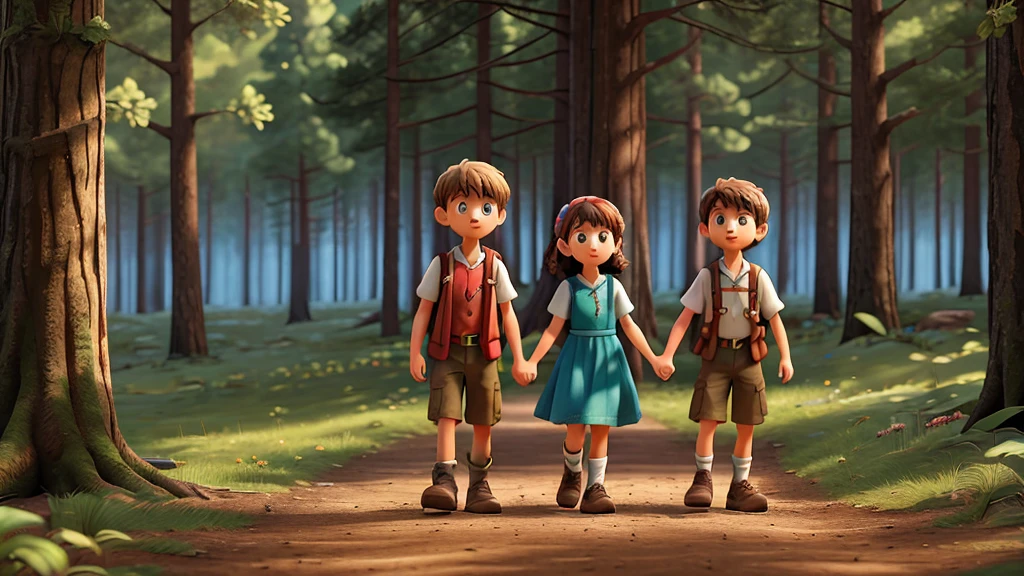 Lucas and Clara continuing their adventures in the woods, more united than ever. They are exploring new trails, with the woods in the background and a sense of magic and friendship between them. The image must capture the essence of courage, wisdom and friendship."