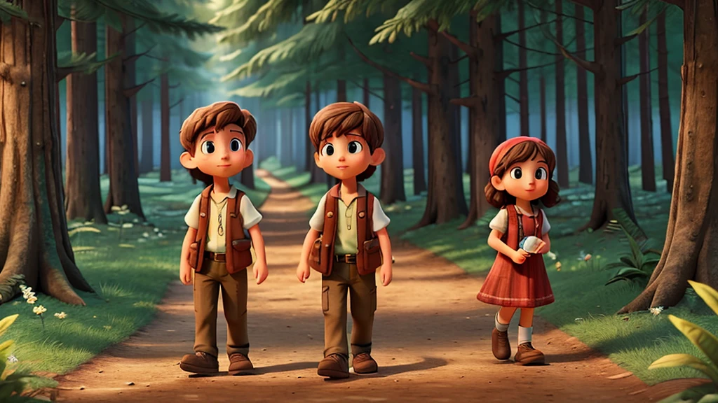 Lucas and Clara continuing their adventures in the woods, more united than ever. They are exploring new trails, with the woods in the background and a sense of magic and friendship between them. The image must capture the essence of courage, wisdom and friendship."