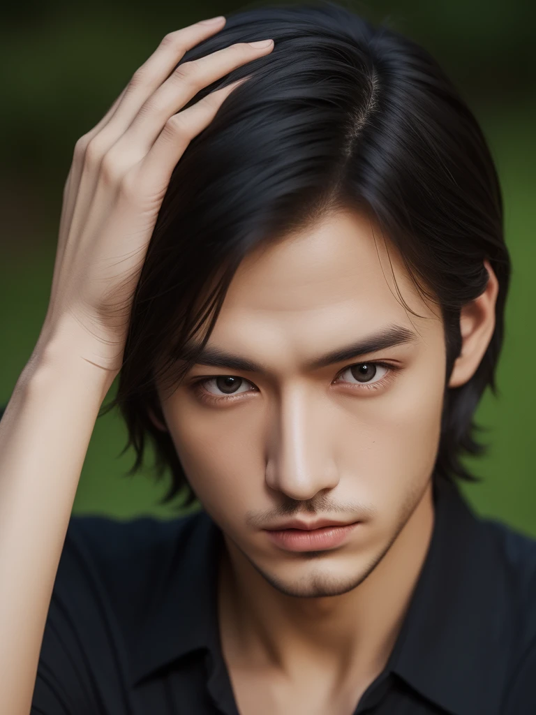 A man with short black hair. Hunter look, black eyes, Caucasian, handsome face 
,Best Quality, High Quality