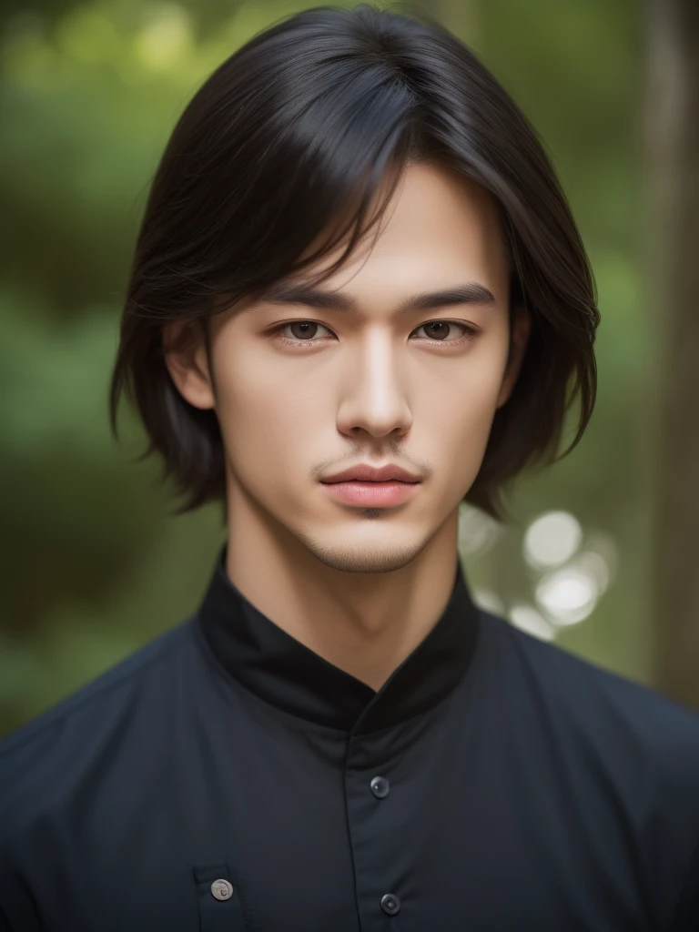 A man with short black hair. Hunter look, black eyes, Caucasian, handsome face
,Best Quality, High Quality