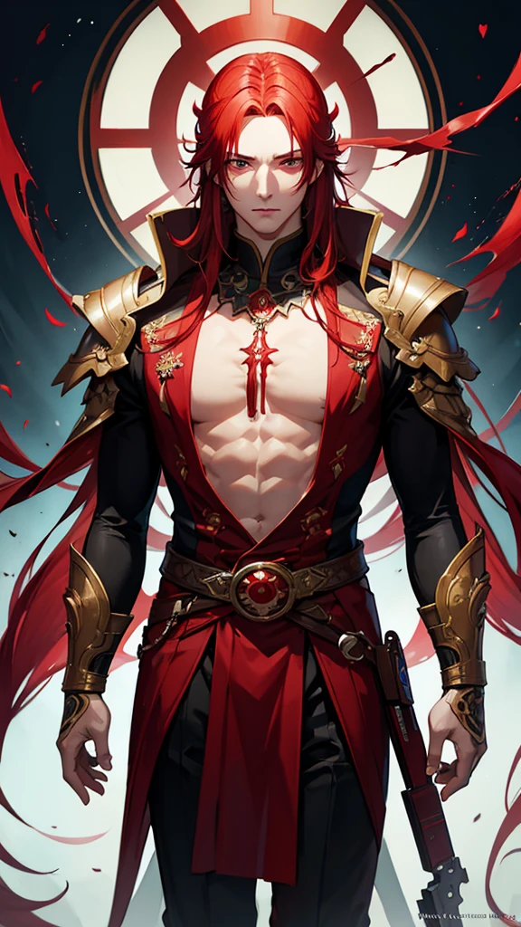 a tensura man with red hair and red eyes, full body, adult, detailed face, beautiful detailed eyes, photorealistic, 8k, high quality, digital art, concept art, hyper detailed