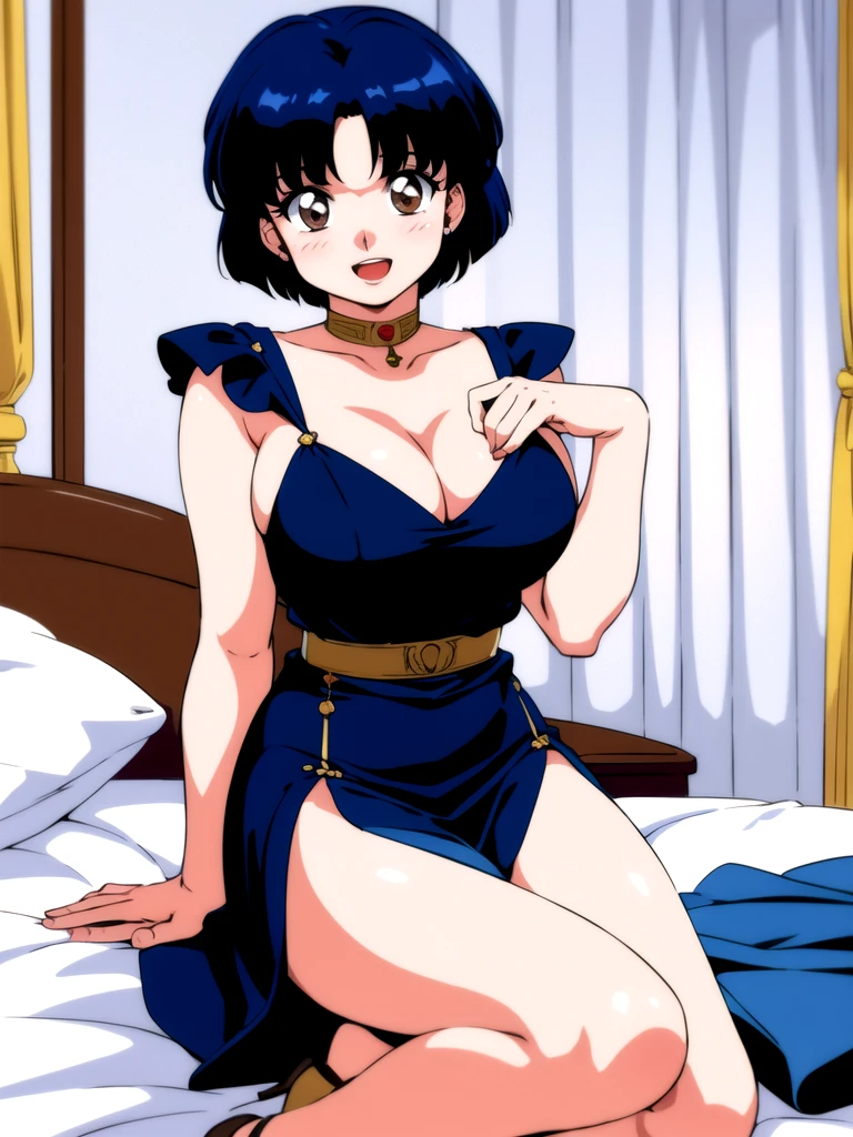 HDR, CG, sharp focus, (8k), (4k), masterpiece, best quality, detailed skin, extremely detailed, hiper detailed, sharp focus, looking at viewer, high quality, AKANE, Akane tendou, short hair, blue hair, brown eyes ,curtain pelvic DRESS, tetas grandes, bLush, solo, 1girl, lying on bed, hotel background, hands on chest, heels, black dress, smile, open mouth,