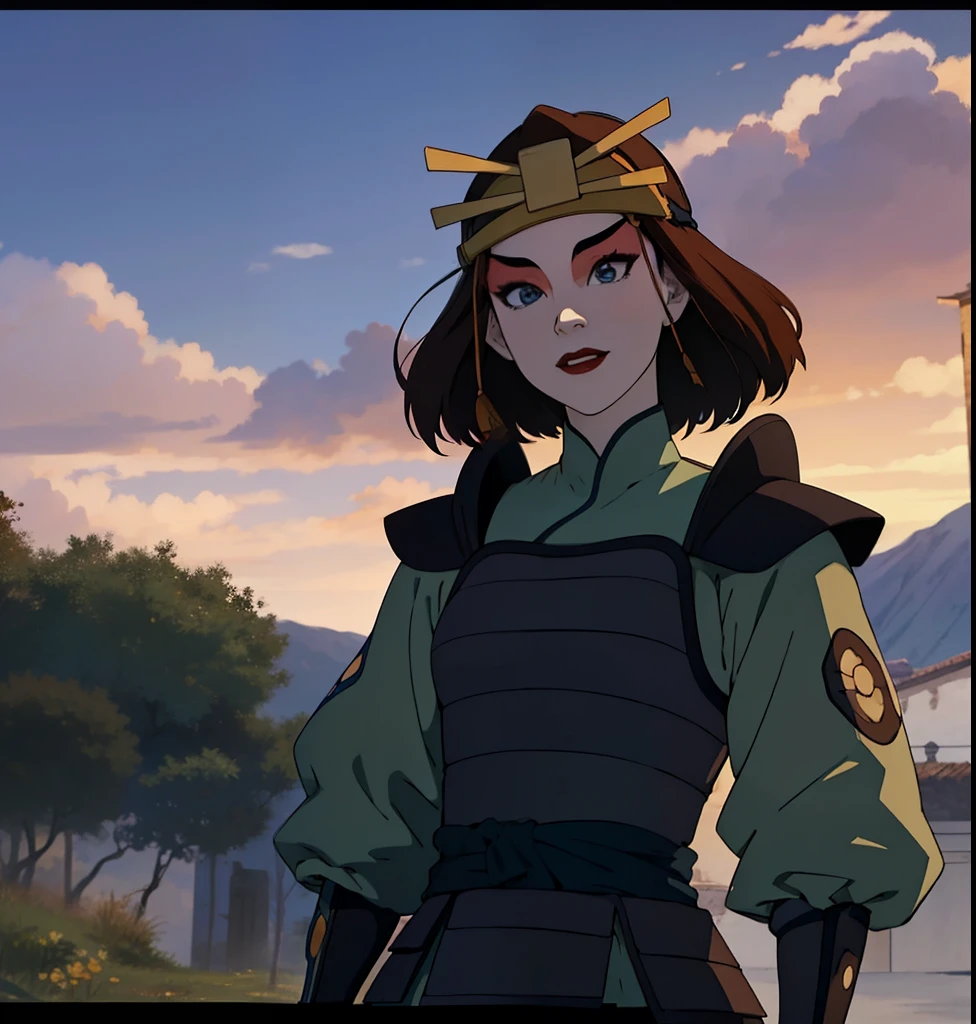 suki, 1 woman only, (Masterpiece), (The best quality), (ultrahigh resolution), Cartoon character, anime version, Amazing painting, beautiful sky, colors, nature, beautiful , Highly detailed image, brown hair, blue eyes, Kyoshi Guerrero, make-up, lipstick, armor, long sleeves, They are smiling, black gloves