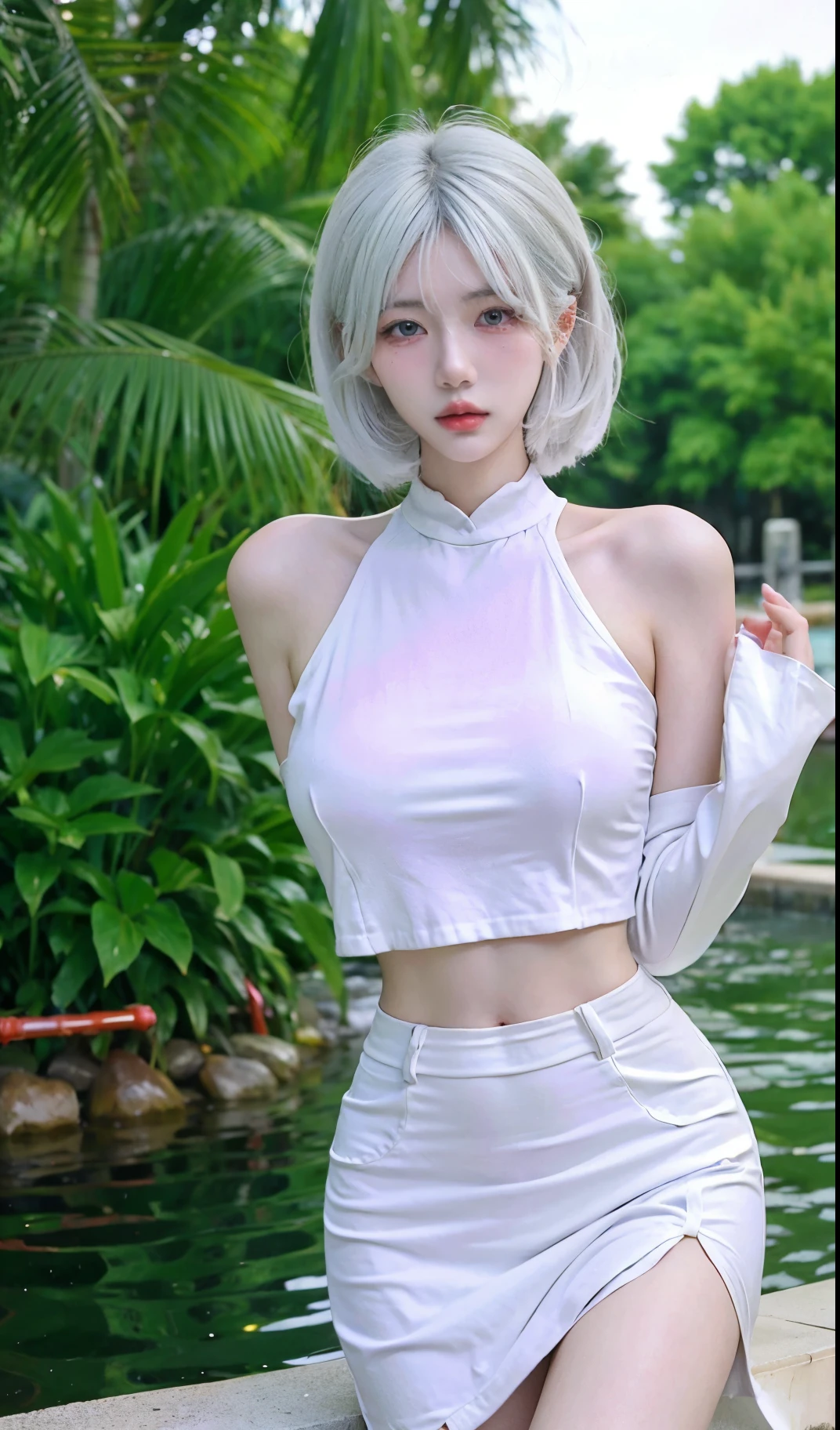Beautiful woman with perfect figure:1.4,Ultra-high resolution,White legs,Put your hands behind your back,Swimming background,Big breasts:1.6,(Realism:1.4),perspective,Layered hairstyle,Snow white skin,JK:1.5,Super short pleated skirt,whole body:1.4,Very delicate and skin texture,Double eyelids,Skin Whitening,Long hair,White hair