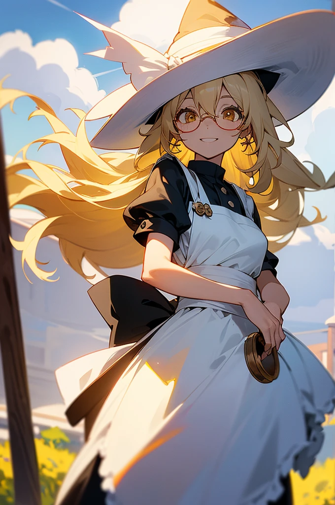 Gypsophila a female anime character with big round glasses and white hair wearing an apron and a witch 持っている, One Girl, kirisame marisa, alone, blonde, smile, Yellow Eyes, apron, Long Hair, View your audience, Outdoor, Grin, Braiding, cloud, Earrings, Short sleeve, blue