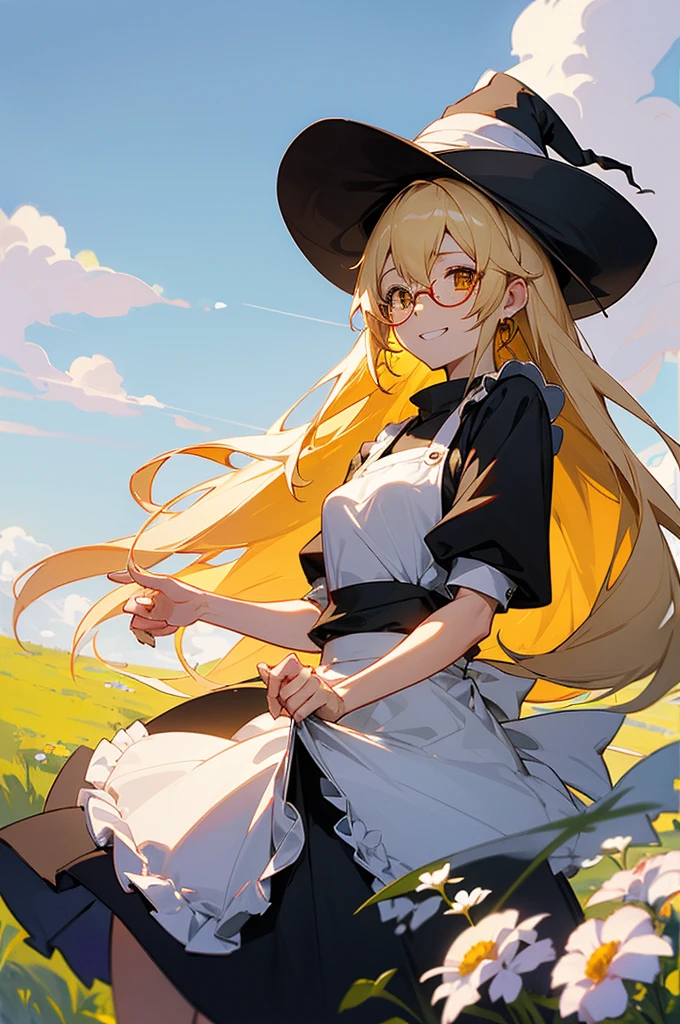 Gypsophila a female anime character with big round glasses and white hair wearing an apron and a witch 持っている, One Girl, kirisame marisa, alone,  blonde, smile, Yellow Eyes, apron, Long Hair, View your audience, Outdoor, Grin, Braiding, cloud, Earrings, Short sleeve, blue 