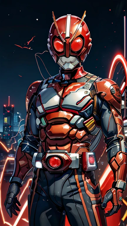 (8k),(masterpiece),(Japanese),(8-year-old boy),((innocent look)),((Childish)),From the front,smile,cute,Innocent,Kind eyes,Flat chest, red helmet,red domino mask, The Flash, bald,No Hair,Strong wind,night,dark, Neon light cyberpunk city,Kamen rider,camisa