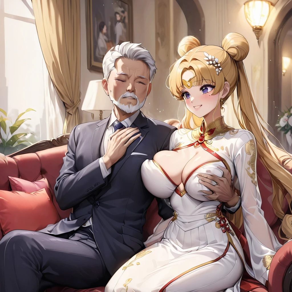 ((Highest quality)), ((masterpiece)), (detailed), (Perfect Face)、The woman is a Vietnamese woman named Tsukino Usagi, wearing a gorgeous and glittering ao dai, a traditional Vietnamese dress with gold embroidery, a gorgeous hair ornament, gorgeous jeweled accessories and an engagement ring. The woman and the man are sitting on a gorgeous, large sofa in a gorgeous room, and the woman is passionately embracing and passionately kissing the dignified and bearded middle-aged Vietnamese man wearing a Vietnamese national dress, and while the man is fondling her breasts, they are making passionate love as a married couple.、The woman is the elegant Tsukino Usagi, a Vietnamese girl with long blonde hair in a chignon twin tail and wearing an ao dai.、The man is a dignified, muscular, bearded, middle-aged Vietnamese man wearing Vietnamese national dress.