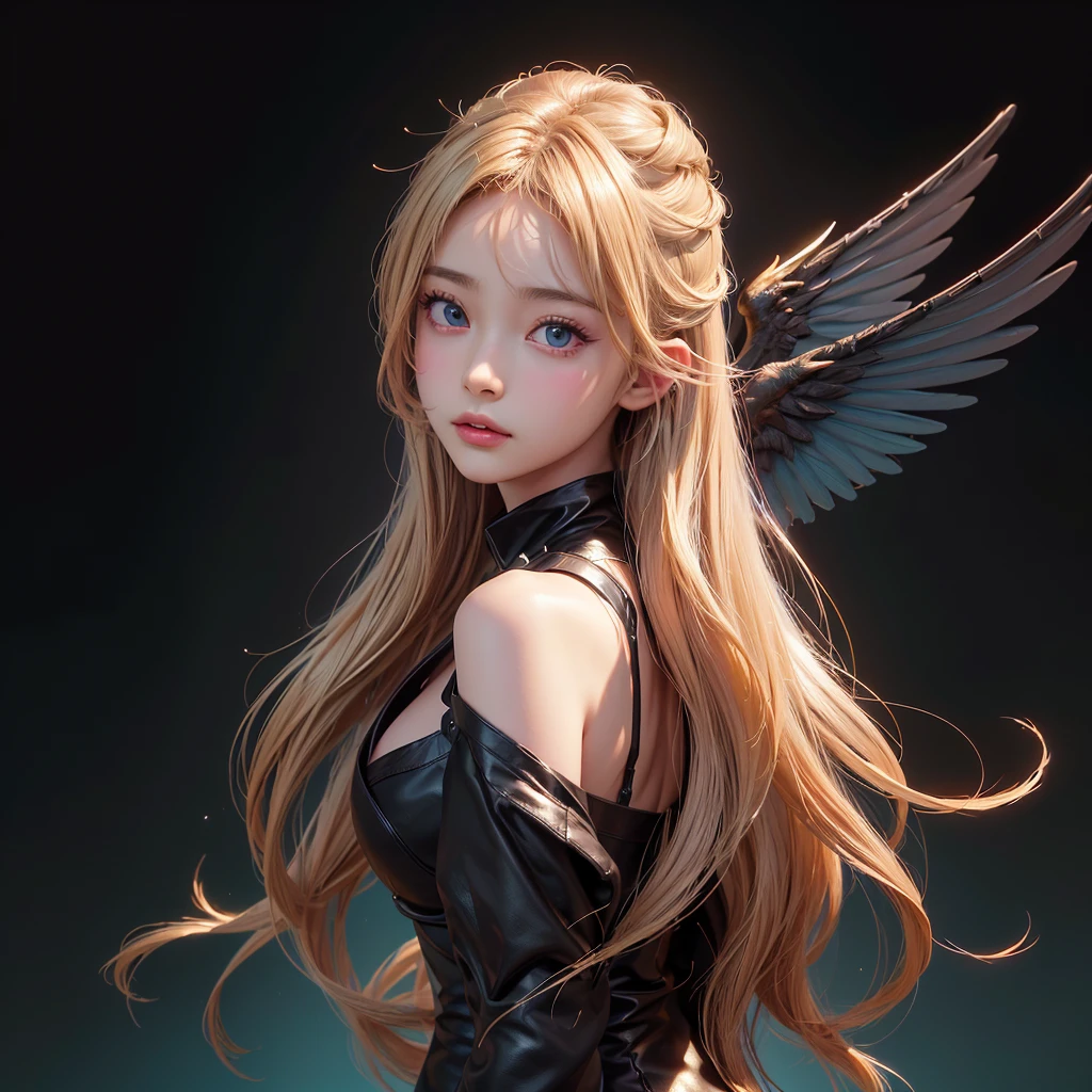Polychrome,, night, dark, blonde, Show Viewer, In-person audience, Limited Edition Palette, Black background, Shine,(Highly detailed CG Unity 8k wallpaper),(masterpiece), (Highest quality), (Vaporwave Style), (Super detailed), (Best illustrations),(Best Shadow),Perfect lighting , Perfect Anatomy , Vibrant colors、fly with wings、