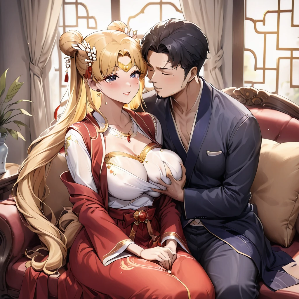 ((Highest quality)), ((masterpiece)), (detailed), (Perfect Face)、The woman is a Chinese woman named Tsukino Usagi, dressed in a gorgeous, glittering red Hanfu with lots of gold embroidery, a gorgeous hair ornament, gorgeous jeweled accessories and an engagement ring. The woman and the man are sitting on a gorgeous, large sofa in a gorgeous room, the woman is passionately embracing the middle-aged Chinese man dressed in a dignified and sturdy Hanfu, they are passionately kissing and the man is fondling her breasts as they make passionate love as husband and wife.、The woman is the elegant Tsukino Usagi, a Chinese woman with long blonde hair in a chignon twin tail and wearing a red Hanfu with gorgeous gold embroidery all over it.、The man is a dignified, muscular, bearded, middle-aged Chinese man wearing the traditional Chinese dress, Hanfu.