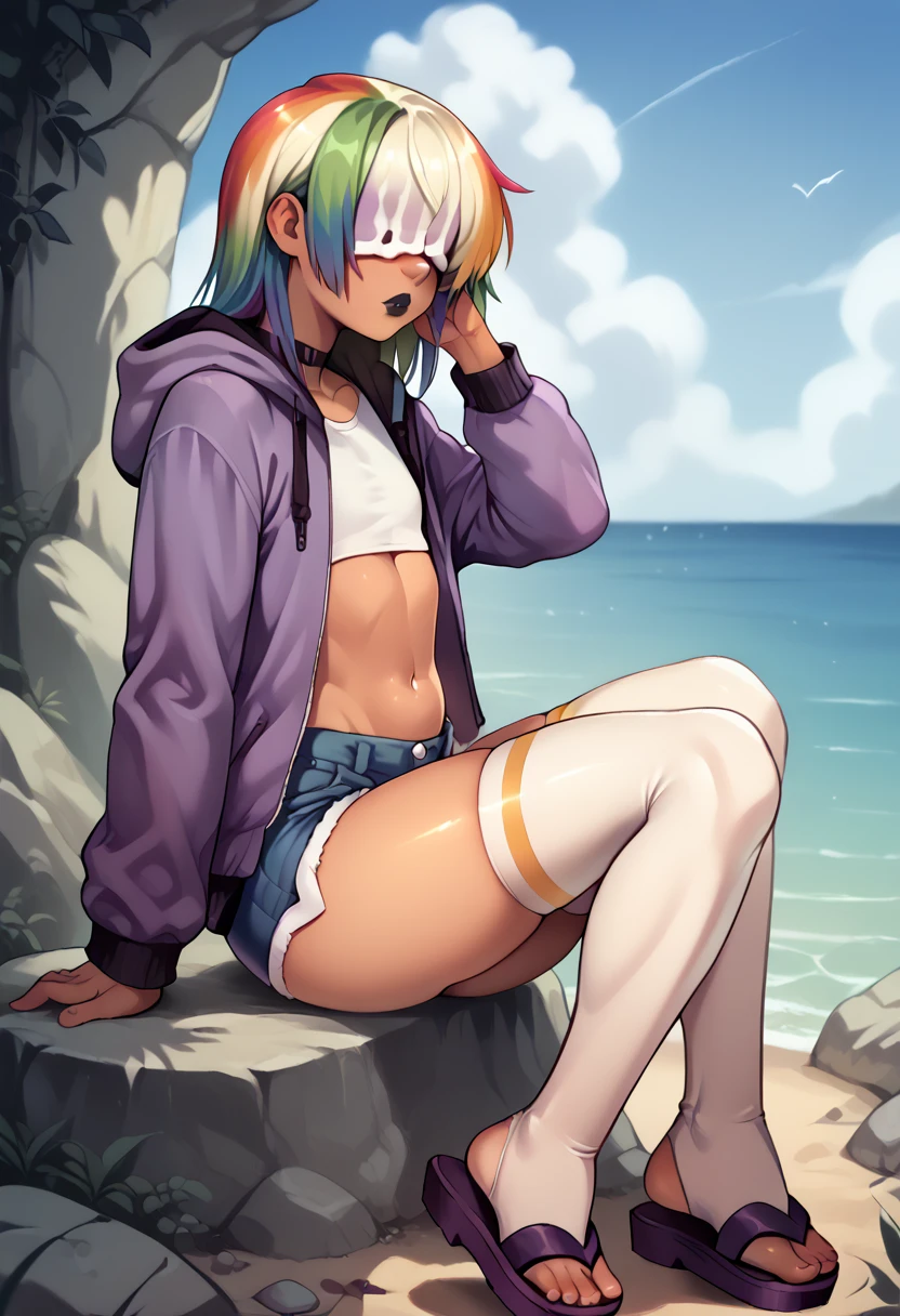 A feminine looking man, femboy, rainbow hair, disordered, hair that covers the eyes, paint black lips, alegrey, Slim and feminine body......., thick thighs, flat chest, her ass is very big, tanned skin, very small purple jacket, fitted white top, mini shorts, rainbow long stockings, sandals, sitting on a rock, beautiful beach, bright sea, sunlight, side view, Looking at the sky 