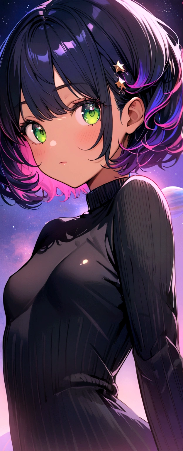 Sky, Pink and blue lighting, it's night, the night is full of stars, there are planets in the sky, bright colors, Incredible details, Shiny hair, spectacular hair, , cute, Small breasts, short hair, galaxy hair, green eyes, tanned, black sweater,