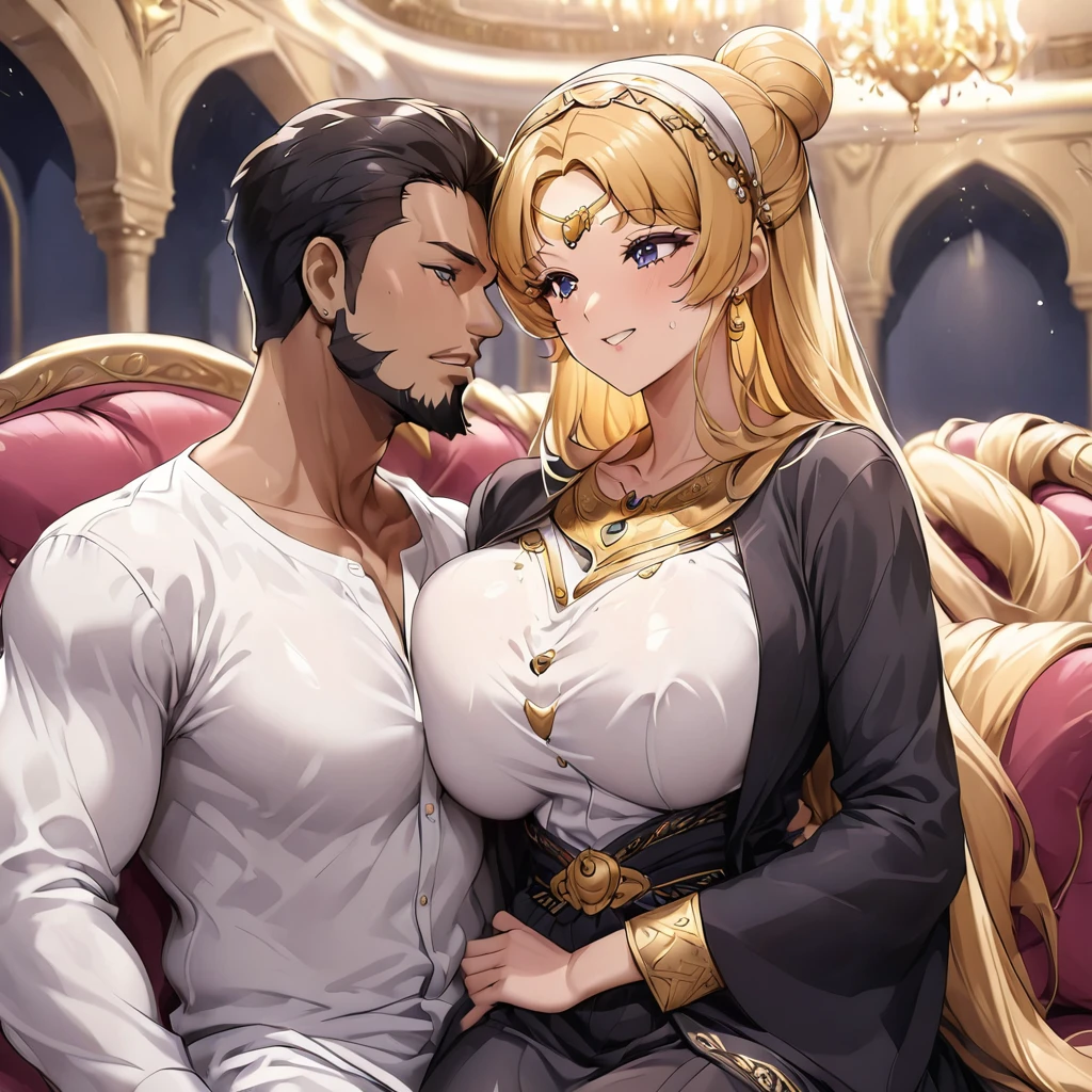 ((Highest quality)), ((masterpiece)), (detailed), (Perfect Face)、The woman is Tsukino Usagi, an Arab Muslim with vivid brown skin, and is wearing a gorgeous, glittering abaya with gold embroidery, a gorgeous hijab, a gorgeous hair ornament, gorgeous jeweled accessories, and an engagement ring in a luxurious Islamic mansion. The woman and the man are sitting on a luxurious, large sofa in the luxurious room, and the woman is passionately embracing and passionately deep kissing the dignified, bearded, middle-aged Arab Muslim man wearing Arab national dress, and the man is fondling her as they make passionate love to each other as a married couple.、The woman is the elegant Tsukino Usagi, with long blonde hair in a chignon twin tail, wearing an abaya and a gorgeous hijab, and a bright brown-skinned Muslim Arab.、(The woman is a dark-skinned Arab Muslim named Tsukino Usagi)、The man is a Muslim, dignified, strong-looking, bearded, middle-aged Arab man wearing traditional Arab clothing.