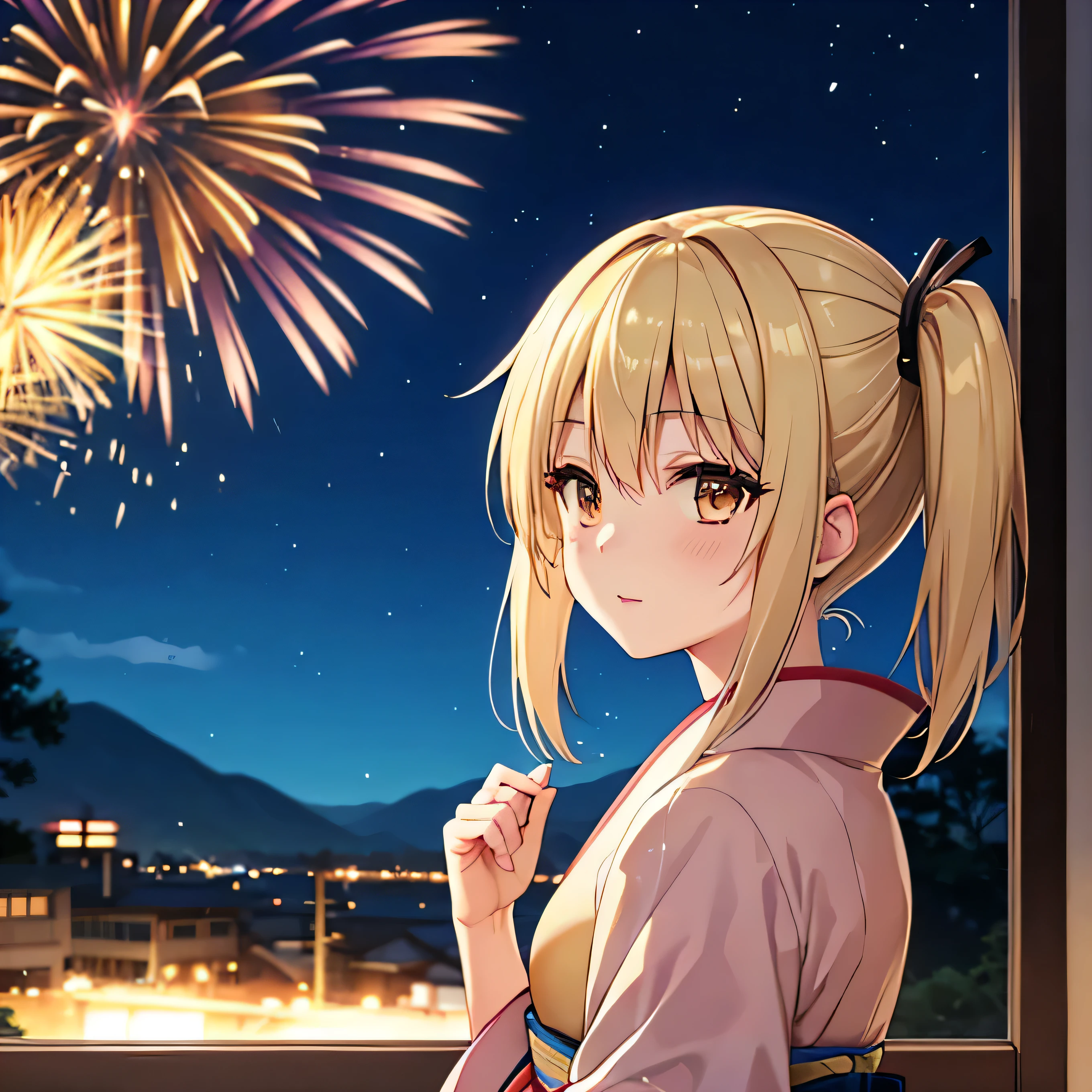 Kyoko kimono in the night firework ,Blonde hair , yellowish eyes, pig tailed haired
