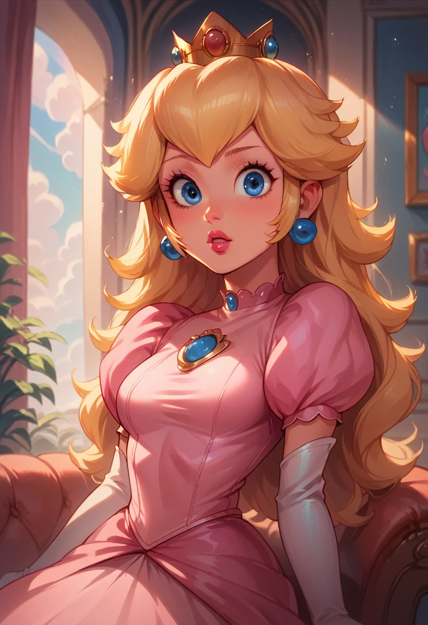 Score_9, Score_8_up, Score_7_up, Score_6_up, (best quality), realistic skin texture, black sofa, 1 girl, Princess Peach, pink dress, (lipstick: 0.5), blonde hair, wavy hair, straight hair, long hair , hair in the wind, lips parted, blue eyes, visor, interior, room, sofa, rich, crown, golden crown, facing viewer, medium breasts, looking at viewer, seductive, alone, (bra peek:0.8), (bra :0.1)n porb interview, hand before mouth, surprised