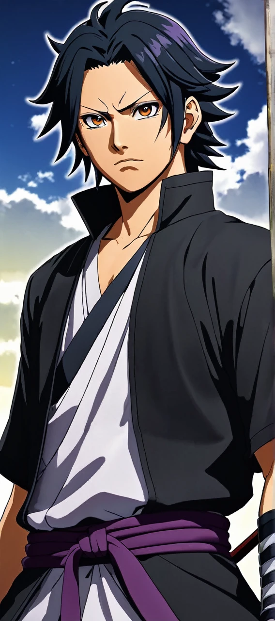 character in anime demon slayer of man, com olhos castanhos, with sasuke hair