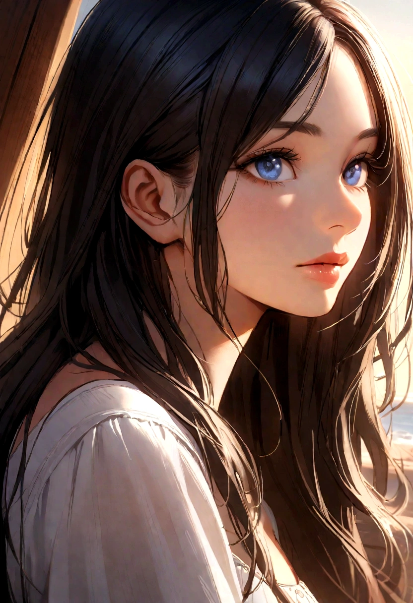 a photorealistic portrait of 24-year-old latina girl with long,flowing dark hair and striking blue eyes. she should have a natural,approachable expression and be illuminated by soft, golden-hour sunlight. tht background should be scenic outdoor settings, perhaps a sunlit park or beach. capture this image with a high resolution photograph using an 85mm lens for a flattering perspective real
