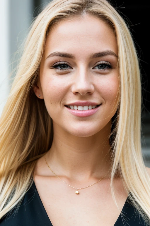 RAW photo, face portrait photo of beautiful 26 y.o woman, blonde hair, cute face, detailed skin, detailed face, thin athletic build, wearing black dress, happy face, hard shadows, cinematic shot, dramatic lighting