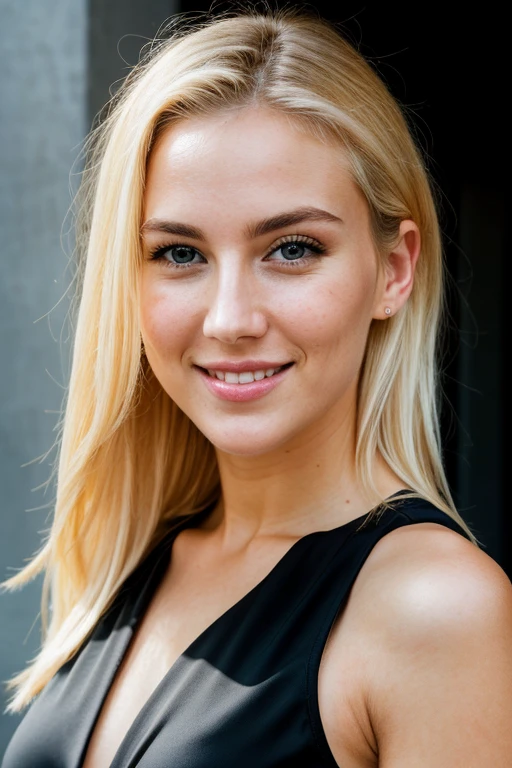 RAW photo, face portrait photo of beautiful 26 y.o woman, blonde hair, cute face, detailed skin, detailed face, thin athletic build, wearing black dress, happy face, hard shadows, cinematic shot, dramatic lighting