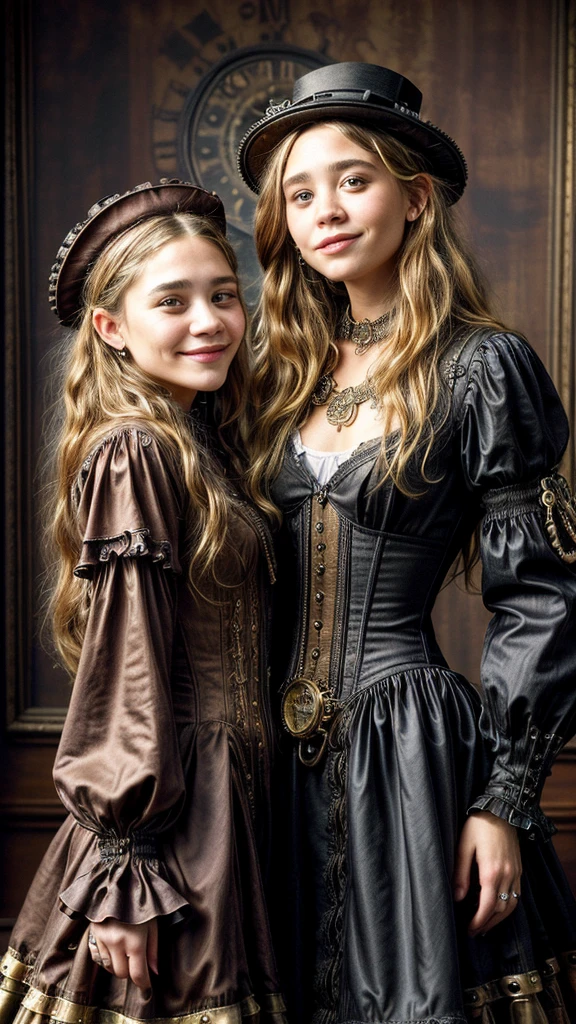 (best quality:10k, high res, masterpiece:1.2), ultra-detailed, (photo-realistic:1.37), ((best quality)), ((masterpiece)), pretty smile with cure dimples, ((Photo-realistic)), (detailed), ((20-year-old Ashley and Mary-Kate Olsen)), ((2 pretty Steampunk girls)), ((whole body)), ((ultra-micro mini steampunk dresses)), ((steampunk top hats)),big breasts