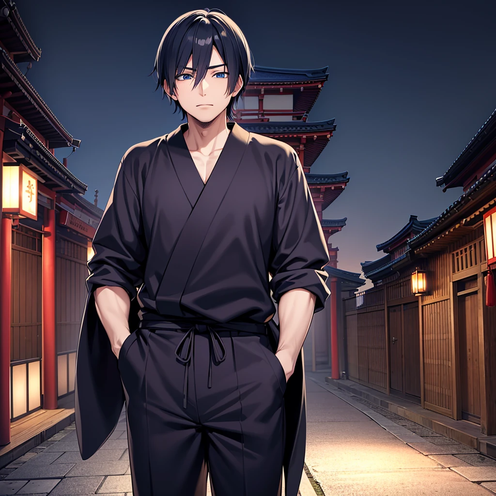 japanese male, Indigo hair, blue eyes, wearing black clothes, asakusa background, high res, ultrasharp