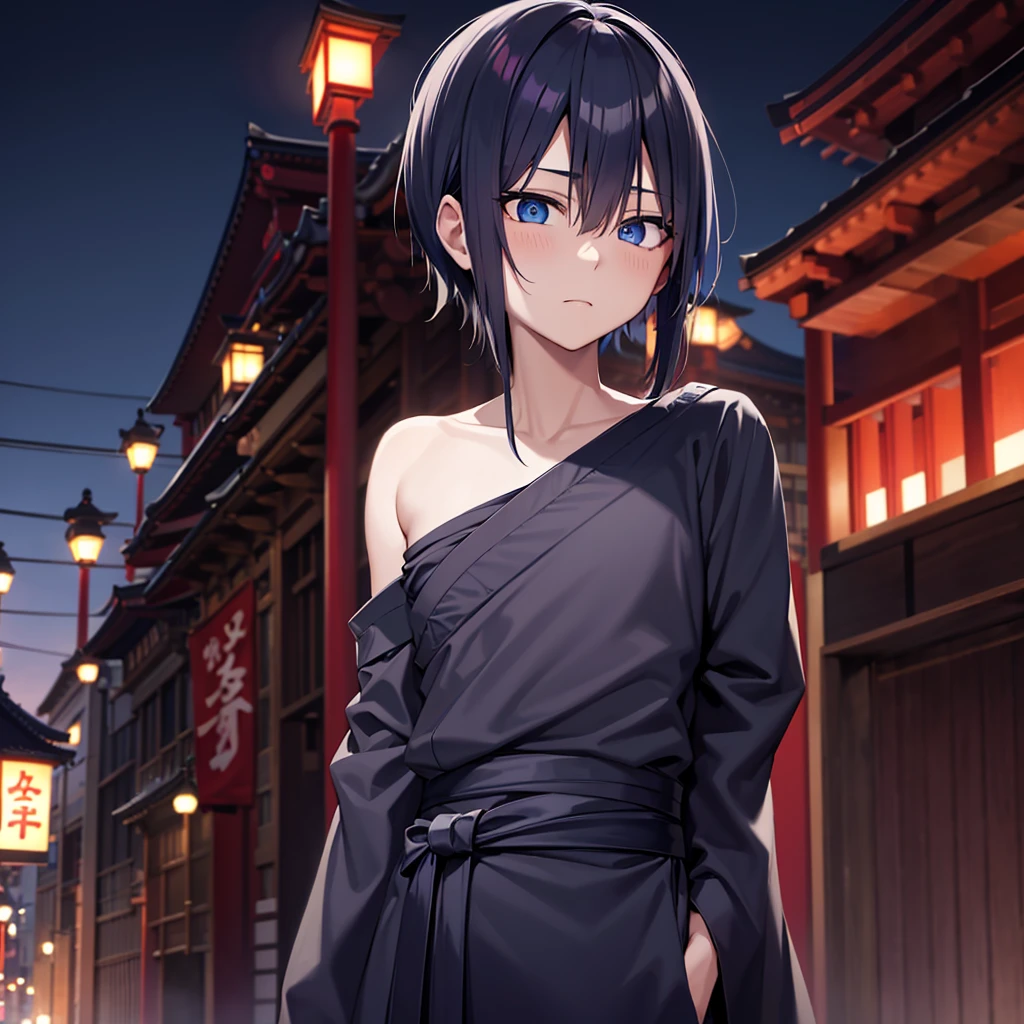 japanese male, Indigo hair, blue eyes, wearing black clothes, asakusa background, high res, ultrasharp